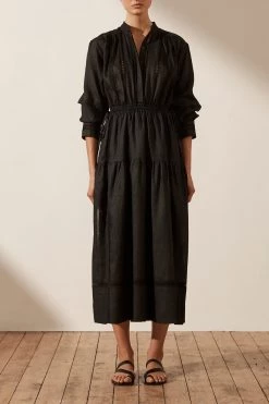 Shona Joy ADRIANA LINEN LONG SLEEVE MIDI DRESS - BLACK