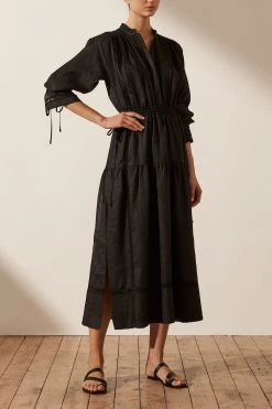 Shona Joy ADRIANA LINEN LONG SLEEVE MIDI DRESS - BLACK