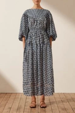 Shona Joy DANIELA PIN TUCK BALLOON SLEEVE MIDI DRESS