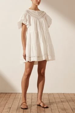 Shona Joy ADRIANA LINEN SHORT SLEEVE TIERED MINI DRESS - RICE