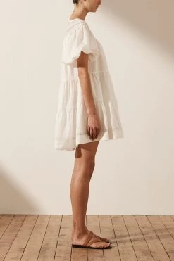 Shona Joy ADRIANA LINEN SHORT SLEEVE TIERED MINI DRESS - RICE