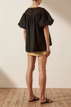 Shona Joy TOPS ADRIANA LINEN SHORT SLEEVE BLOUSE - BLACK
