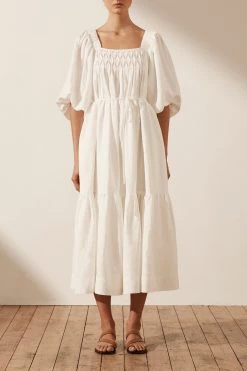 Shona Joy DRESSES PAULINA LINEN SQUARE NECK TIERED MIDI DRESS - IVORY