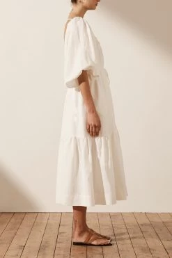 Shona Joy DRESSES PAULINA LINEN SQUARE NECK TIERED MIDI DRESS - IVORY