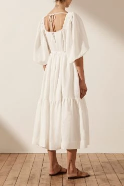Shona Joy DRESSES PAULINA LINEN SQUARE NECK TIERED MIDI DRESS - IVORY