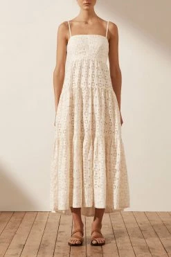 Shona Joy DRESSES FRYDA LINEN OPEN BACK TIERED MIDI DRESS - RICE