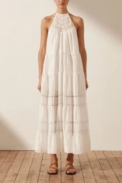 Shona Joy ADRIANA LINEN SLEEVELESS TIERED MIDI DRESS - RICE