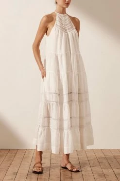 Shona Joy ADRIANA LINEN SLEEVELESS TIERED MIDI DRESS - RICE