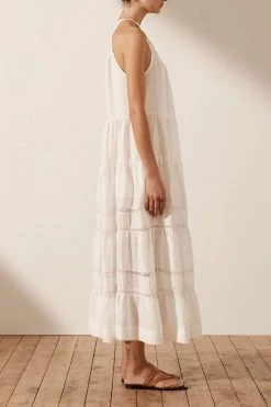 Shona Joy ADRIANA LINEN SLEEVELESS TIERED MIDI DRESS - RICE