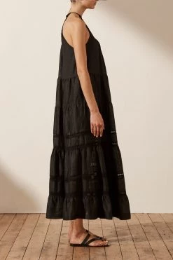 Shona Joy ADRIANA LINEN SLEEVELESS TIERED MIDI DRESS - BLACK