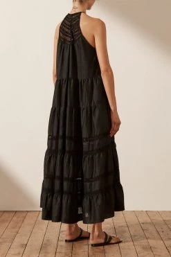 Shona Joy ADRIANA LINEN SLEEVELESS TIERED MIDI DRESS - BLACK