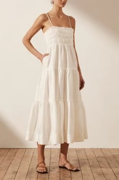 Shona Joy BRUNA LINEN OPEN BACK SHIRRED MIDI DRESS - IVORY 9 Shona Joy BRUNA LINEN OPEN BACK SHIRRED MIDI DRESS - IVORY