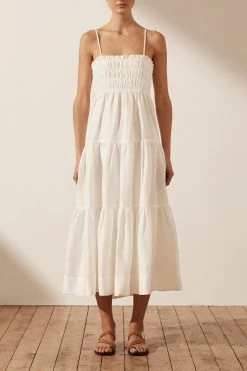 Shona Joy BRUNA LINEN OPEN BACK SHIRRED MIDI DRESS - IVORY 8 Shona Joy BRUNA LINEN OPEN BACK SHIRRED MIDI DRESS - IVORY