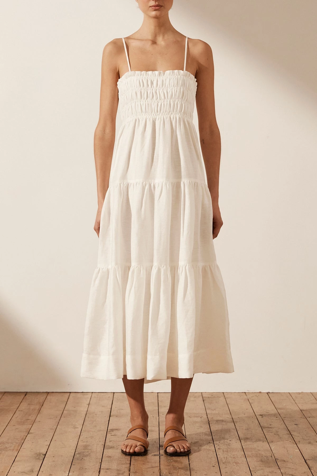 Shona Joy BRUNA LINEN OPEN BACK SHIRRED MIDI DRESS - IVORY 3 Shona Joy BRUNA LINEN OPEN BACK SHIRRED MIDI DRESS - IVORY