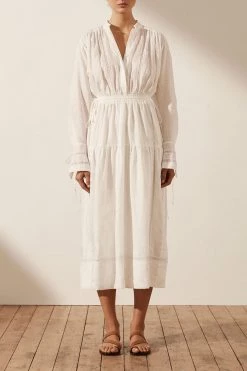 Shona Joy DRESSES ADRIANA LINEN LONG SLEEVE MIDI DRESS - RICE