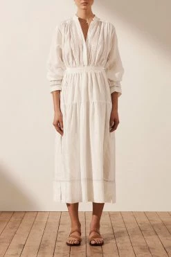 Shona Joy DRESSES ADRIANA LINEN LONG SLEEVE MIDI DRESS - RICE