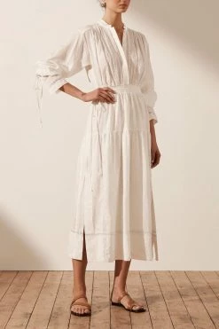 Shona Joy DRESSES ADRIANA LINEN LONG SLEEVE MIDI DRESS - RICE