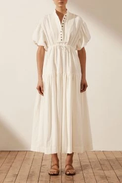 Shona Joy PRISCILA PIN TUCK SHORT SLEEVE MIDI DRESS - RICE DRESSES