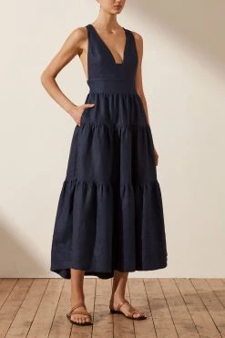 Shona Joy LIGIA LINEN PLUNGED CROSS BACK MIDI DRESS - NAVY DRESSES