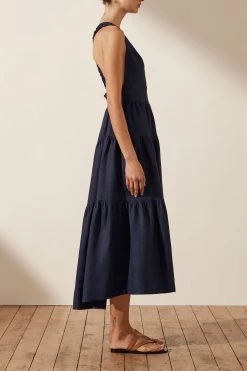 Shona Joy LIGIA LINEN PLUNGED CROSS BACK MIDI DRESS - NAVY DRESSES