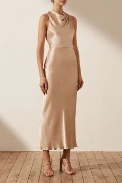 Shona Joy LA LUNE HIGH NECK MIDI DRESS - GOLD
