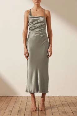 Shona Joy DRESSES LA LUNE ASYMMETRICAL BIAS COWL MIDI DRESS - SAGE