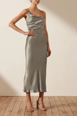 Shona Joy DRESSES LA LUNE ASYMMETRICAL BIAS COWL MIDI DRESS - SAGE