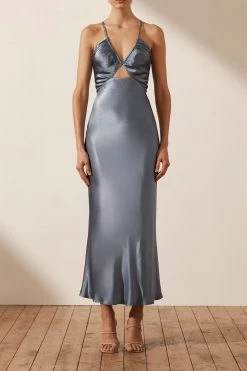 Shona Joy LA LUNE RUCHED BODICE MIDI DRESS - BLUE SMOKE 8 Shona Joy LA LUNE RUCHED BODICE MIDI DRESS - BLUE SMOKE