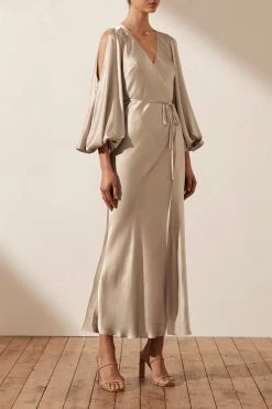 Shona Joy LA LUNE FULL SLEEVE WRAP MIDI DRESS - GOLD DRESSES 7 Shona Joy LA LUNE FULL SLEEVE WRAP MIDI DRESS - GOLD DRESSES