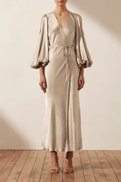 Shona Joy LA LUNE FULL SLEEVE WRAP MIDI DRESS - GOLD DRESSES