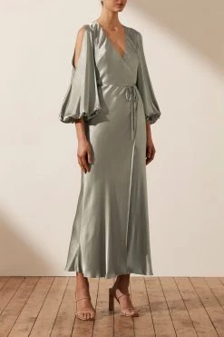 Shona Joy LA LUNE FULL SLEEVE WRAP MIDI DRESS - SAGE 7 Shona Joy LA LUNE FULL SLEEVE WRAP MIDI DRESS - SAGE