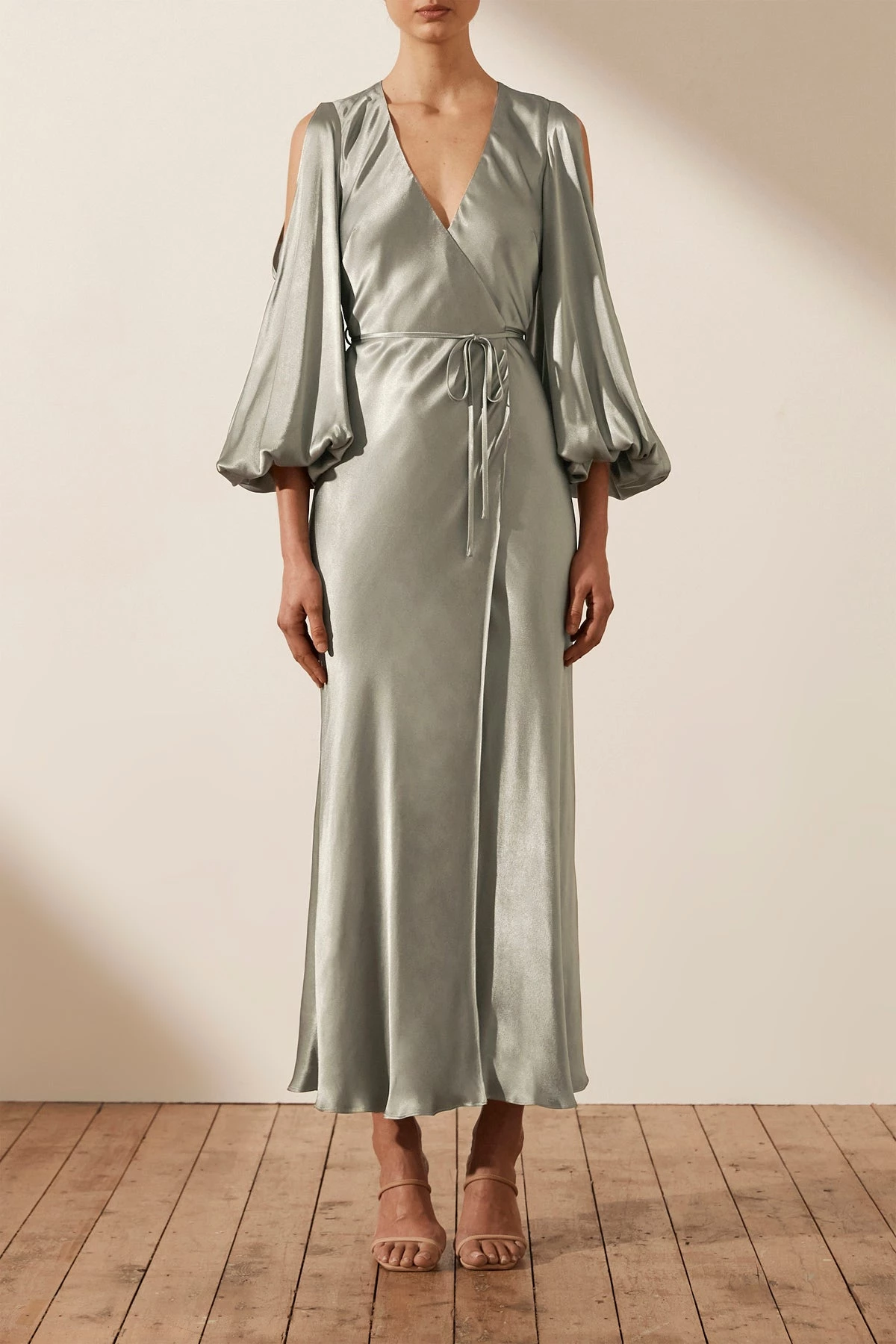 Shona Joy LA LUNE FULL SLEEVE WRAP MIDI DRESS - SAGE 2 Shona Joy LA LUNE FULL SLEEVE WRAP MIDI DRESS - SAGE