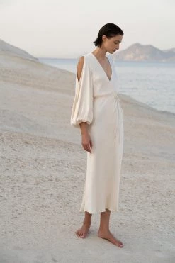 Shona Joy DRESSES LA LUNE FULL SLEEVE WRAP MIDI DRESS - CREAM