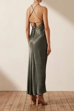 Shona Joy DRESSES LA LUNE GATHERED SQUARE NECK BIAS MIDI DRESS - OLIVE