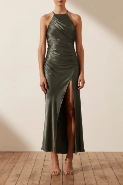 Shona Joy DRESSES LA LUNE GATHERED SQUARE NECK BIAS MIDI DRESS - OLIVE