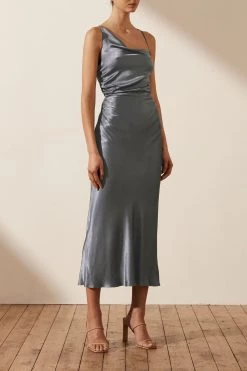 Shona Joy DRESSES LA LUNE ASYMMETRICAL BIAS COWL MIDI DRESS - BLUE SMOKE