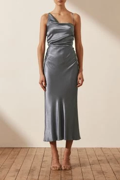 Shona Joy DRESSES LA LUNE ASYMMETRICAL BIAS COWL MIDI DRESS - BLUE SMOKE