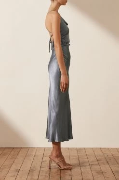 Shona Joy DRESSES LA LUNE ASYMMETRICAL BIAS COWL MIDI DRESS - BLUE SMOKE