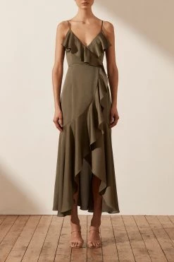 Shona Joy DRESSES LUXE BIAS FRILL WRAP DRESS - PINE