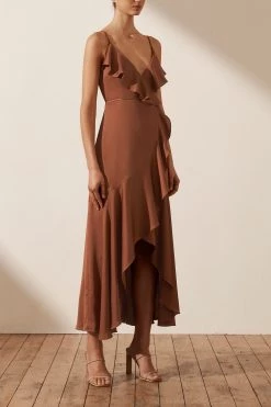 Shona Joy DRESSES LUXE BIAS FRILL WRAP DRESS - MOCHA