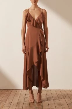 Shona Joy DRESSES LUXE BIAS FRILL WRAP DRESS - MOCHA
