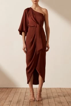 Shona Joy LUXE TIE FRONT ONE SHOULDER DRESS - SANGRIA