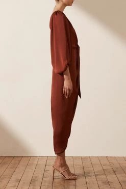 Shona Joy LUXE TIE FRONT ONE SHOULDER DRESS - SANGRIA