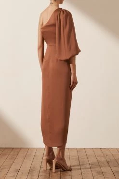 Shona Joy DRESSES LUXE TIE FRONT ONE SHOULDER DRESS - MOCHA