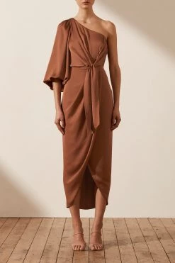 Shona Joy DRESSES LUXE TIE FRONT ONE SHOULDER DRESS - MOCHA
