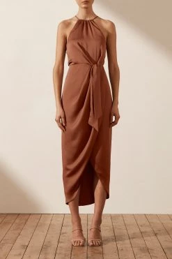 Shona Joy LUXE TIE FRONT SLEEVELESS MIDI DRESS - MOCHA