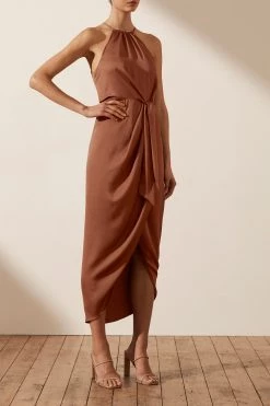 Shona Joy LUXE TIE FRONT SLEEVELESS MIDI DRESS - MOCHA