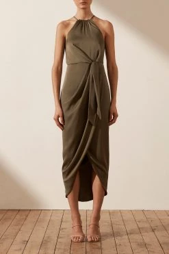 Shona Joy LUXE TIE FRONT SLEEVELESS MIDI DRESS - PINE DRESSES
