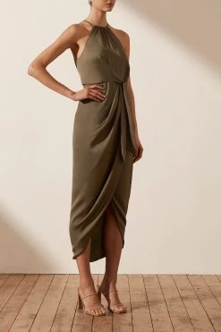 Shona Joy LUXE TIE FRONT SLEEVELESS MIDI DRESS - PINE DRESSES