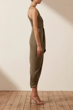 Shona Joy LUXE TIE FRONT SLEEVELESS MIDI DRESS - PINE DRESSES